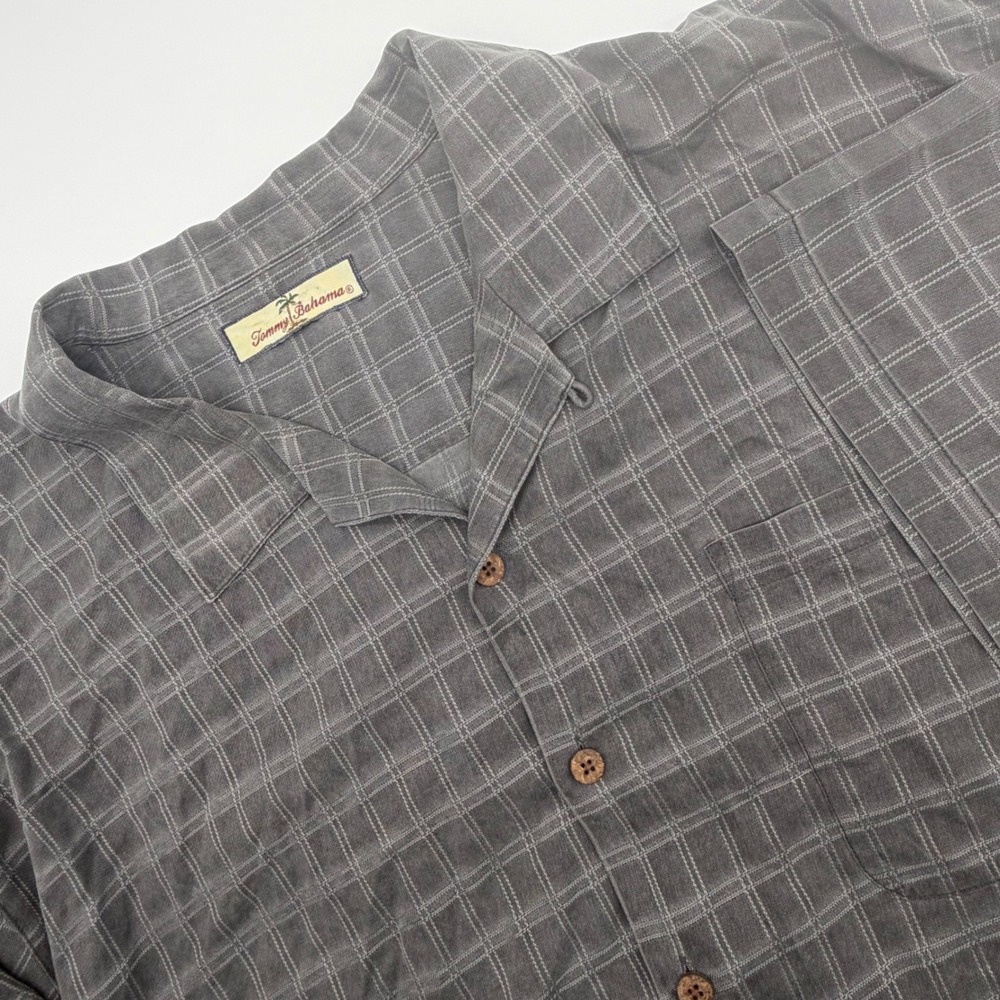 Tommy Bahama Mens Grey Grid Print Short Sleeve Camp Shirt‎ Button Down 2XL Silk